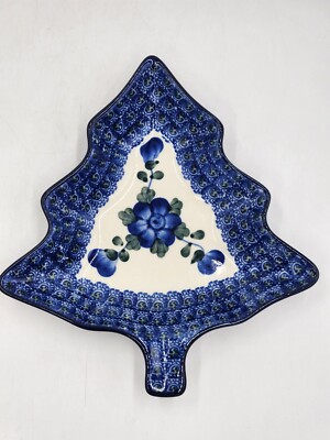 Polish Pottery Handmade 8'' Tree Shape Platter Blue Poppies Ceramika Artystyczna