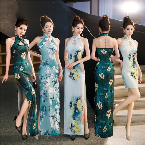 Women Sleeveless Halter Cheongsam Satin Dress Chinese Prom Qipao Slim Cheongsam - Picture 6 of 12