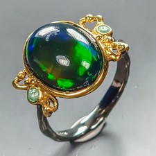 13x10 mm. Stunning Natural Black Opal Ring 925 Sterling Silver Size 6 /R453715