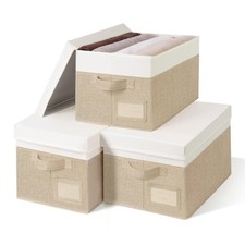 Storage Bins with Lids 3-Pack Medium White Khaki Foldable Linen Stackable Boxes