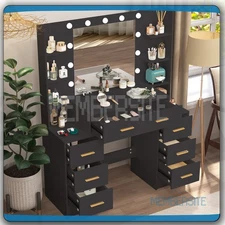 Large Black Vanity Table Makeup Desk With Mirror 11 LED Lights 7 Drawers Dresser