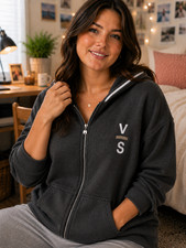 Victoria's Secret Logo Sequin Hooded Full Zip Gray Sweatshirt XL 3/4 Sleeve