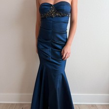 Cache Blue Satin Gown Womens Sz 2 Ruched Bodycon Mermaid Beaded VTG 90s Fairy