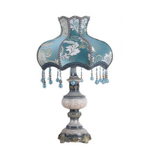 Lovapo Vintage Blue Table Lamp Victorian Fabric Shade Beaded Fringe 13 21.7 E26