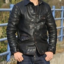 Men's Distressed Black Top Grain Leather Retro Leather Shirt Button-up Jacket