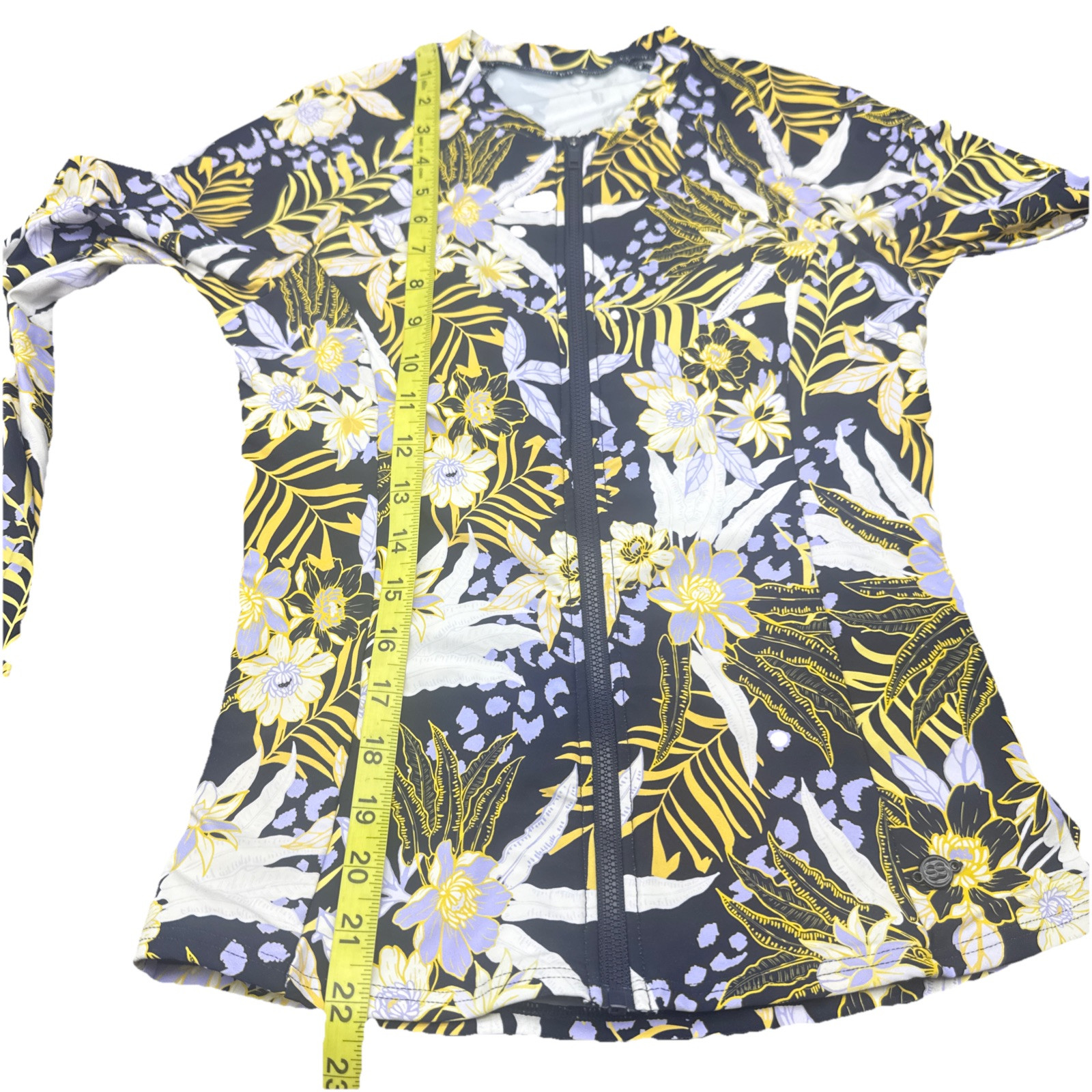 Sunseeker Womens Full Zip Blue Yellow White Long Sleeve Swim Top Sz 4/6 Stretch