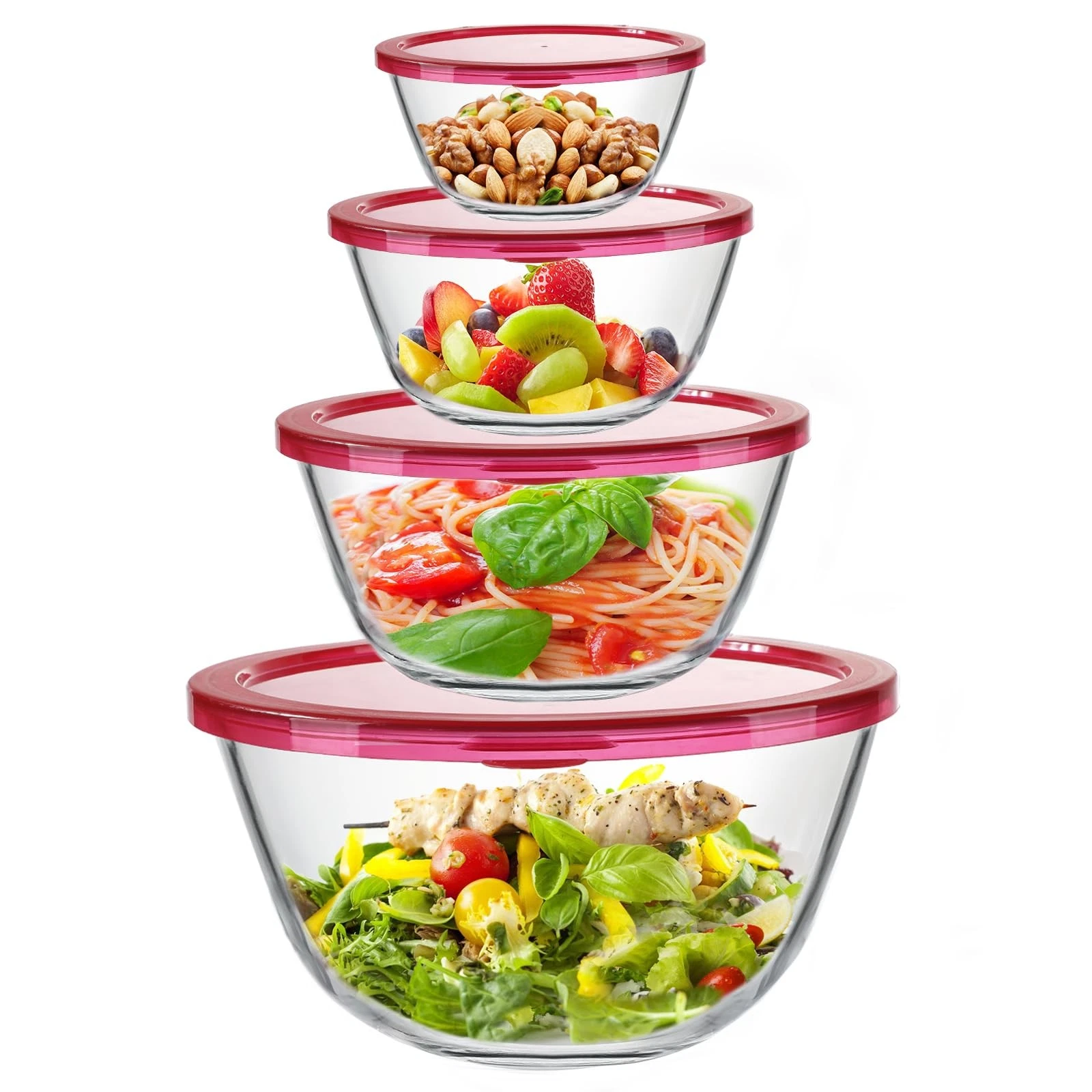 4 Pack Glass Mixing Bowls Set with Lids (4.8QT, 2.9QT, 1.7QT, 0.8QT), Glass N...