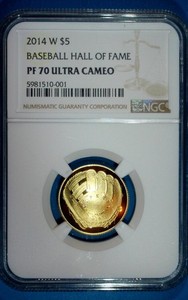 2014-W $5 BASEBALL H.O.F. CONCAVE GOLD COIN - .2418 ozt. AGW.-NGC-PF70 ULTRA CAM