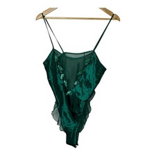 Vintage Victoria's Secret GOLD LABEL Shiny Green Satin Teddy Sequin Bodysuit S