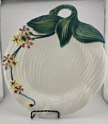Italy Ceramic Serving Platter Oval Shape White Floral Raised Relief w/ Handle