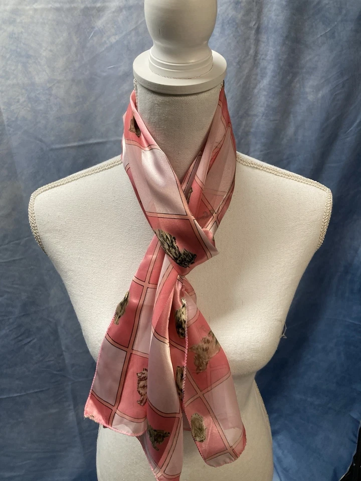 复古 20 世纪 80 年代女式粉色长方形围巾涤纶狗印花 13x60” — 第 2/4 张图片