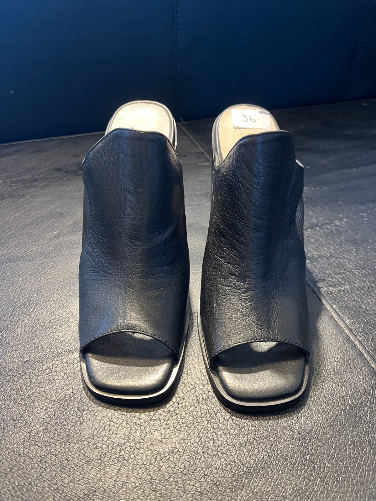 SAOLA Sandali donna Sol Sana Lex Mule tacco a blocco punta aperta slip on pelle nera UK 4