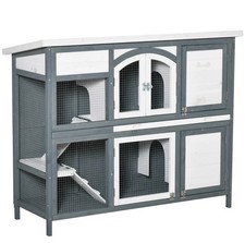 PawHut Rabbit Hutch, Guinea Pig Hutch 2-Tier Wooden Cage w/Ramp Roof, Grey