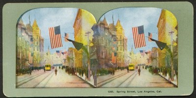 View up Spring Street Los Angeles CA stereoview 1900s