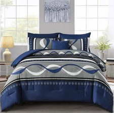 Navy Blue Comforter Set Queen Size,8 Pieces Boho Bed in a Bag Patchwork Striped