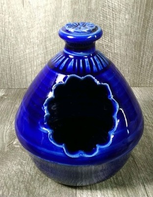 COBALT RING DESIGN Art Pottery Bird House, Vase, Candle Holder Signed 4''