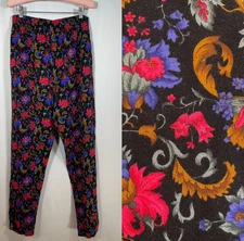 Vtg Gitano Pants | Large Black/pink floral Rayon, elastic waist, taper leg 80s