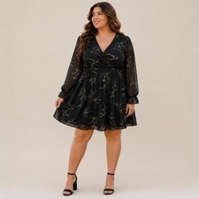 Torrid Studio Knit Babydoll Dress Size 1 (1X) Black Bird Surplice Sheer Sleeve