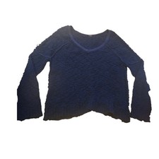 Free People Navy Blue Textured V Neck Bell Sleeve Sweater Knit Top Women