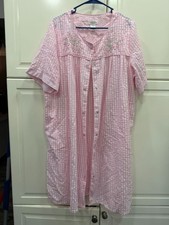 Croft  Barrow Womens Pink Striped Button-Front Nightgown 1X Embroidered Flowers