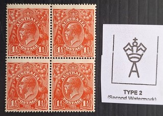 1924 Australia Blk 4x1.5d scarlet KGV stamps 2nd WMK Spear right wattles Mint$96