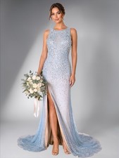 Terani Couture Blue Embellished Slit Evening Gown   Size 12