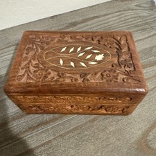 Vintage Wood Hand Carved Floral Inlay Hinged Jewelry Trinket Box India