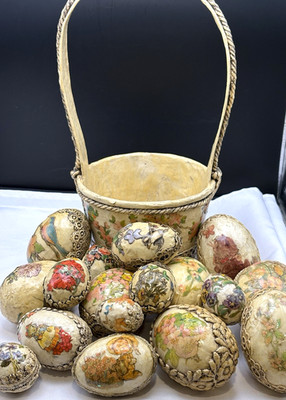 BEST Vintage Lot 17 Handmade Decoupage Easter Eggs & Basket Floral Cats Bunnies