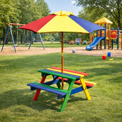 Holz Regenbogen Gartenmöbel Picknicktisch Kinder Bank Sonnenschirm Set Kinder