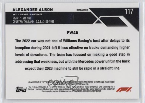 2023 Topps Chrome Formula 1 F1 Cars Refractor Alexander Albon #117 5y7 - Bild 2 von 3