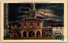 Fayetteville North Carolina 1940s Postcard Market House By Night Sinclair Gas