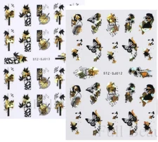 2Pcs Nail Art Water Decals Stickers Gold Black Lady Leaf Flower Butterfly NS45