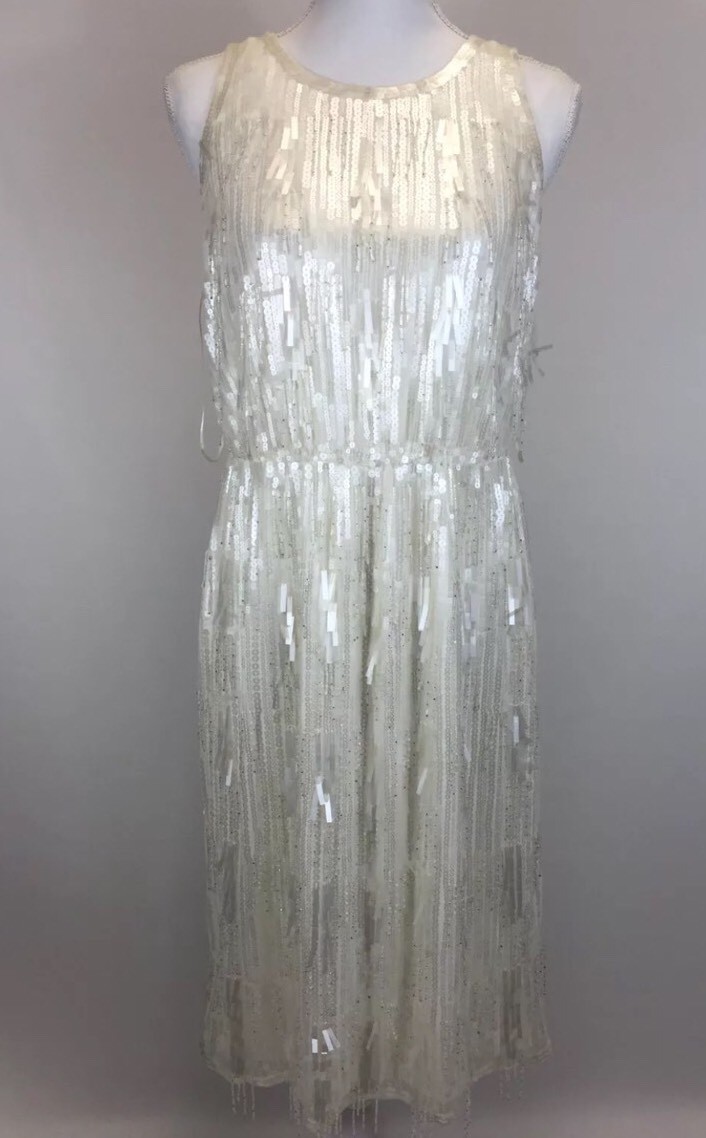 white dress with silver fringe Alexandra Pijut Stella Dress in Ivory Silk Wool with Silver Fringe
