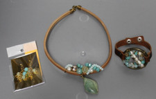 Set of Earrings, Necklace, and Bracelet Turquoise Leather Handmade NEW
