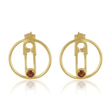 Garnet Gemstone 925 Silver Gold Plated Safety Pin Design Stud Earrings Jewelry