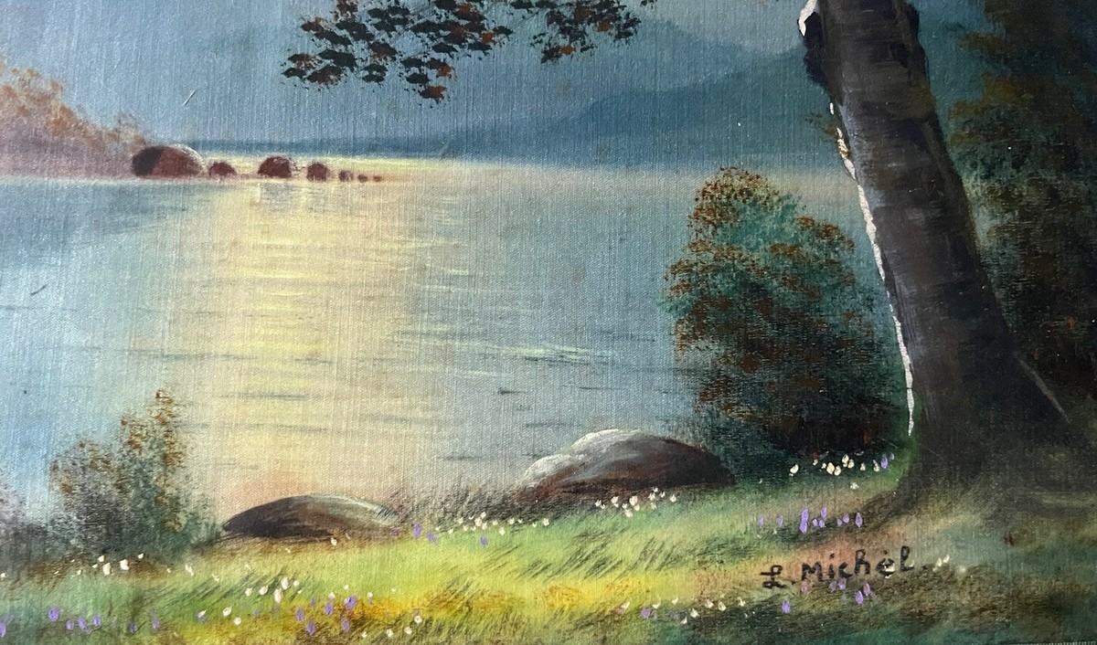 Peinture Sur Soie Signée L. Michel – Lever Du Jour, Bord De L'eau, Maison Toit Rouge