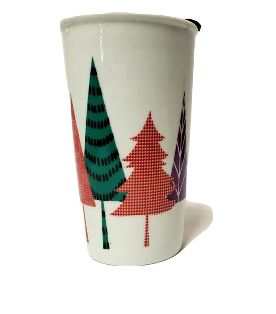 STARBUCKS 2017 11oz Forest Trees Red Green Ceramic Coffee Tumbler Mug