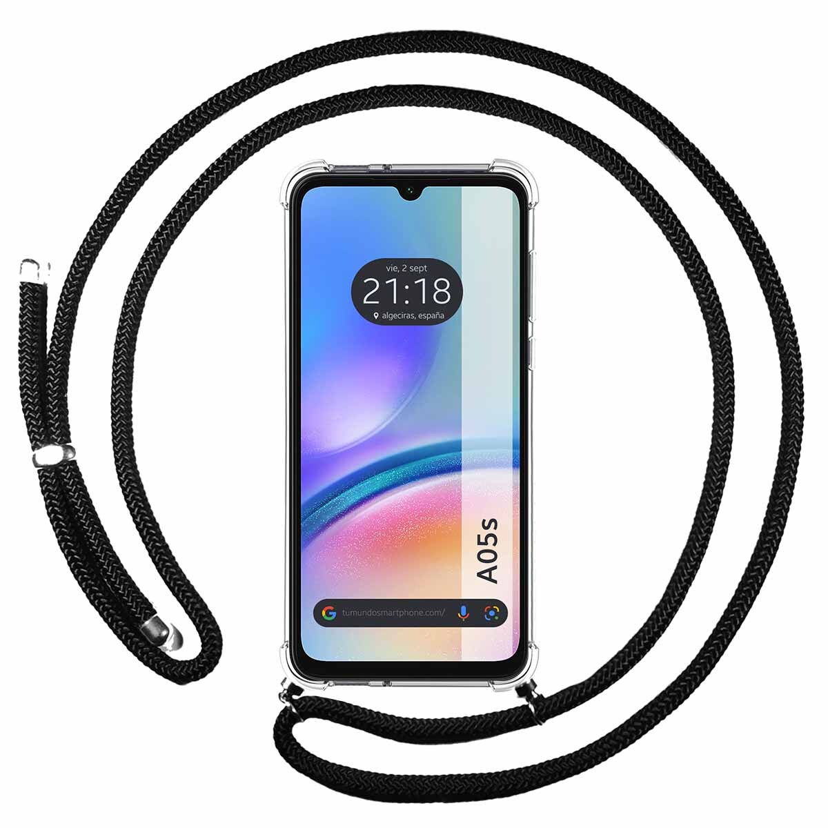 Cover Ciondolo Trasparente per Samsung Galaxy A05s Con Cordino Nero