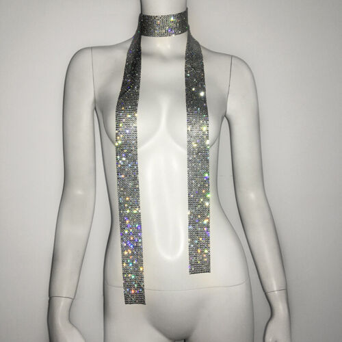 Metal Rhinestone Neck Tie Scarf Neckerchief Long Skinny Glitter Shiny Party - Afbeelding 1 van 16