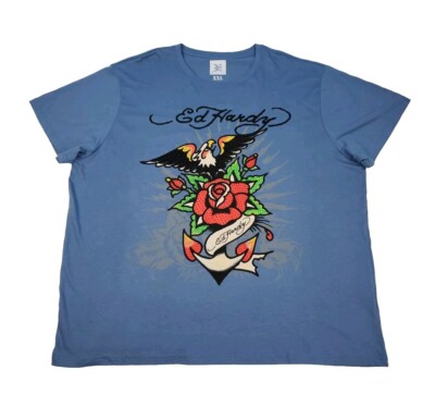 Ed Hardy Mens XXL Graphic T-Shirt  Rose Tattoo Blue Rhinestones NEW