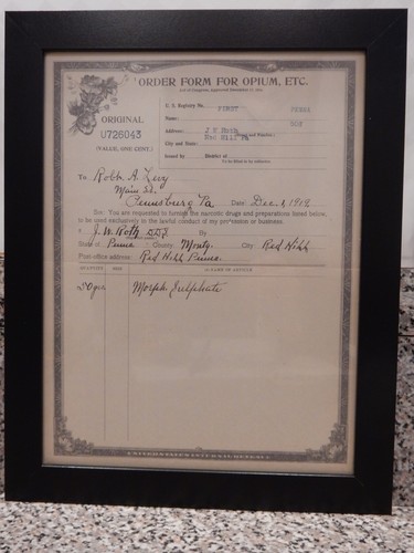Vintage Framed ORIGINAL ORDER FORM FOR OPIUM ETC. Dec.1,1919 Morphine Sulphate