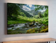 Scenic River Flowing Through Mountain Forest Landscape Stretched Canvas Wall Art