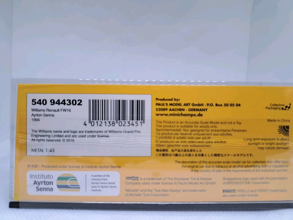 MINICHAMPS 540944302 1/43 F1 WILLIAMS RENAULT FW16 AYRTON SENNA 1994 F1 SEASON  - Immagine 3 di 3