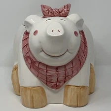 Vintage Cute Coco Dowley White Pig Cookie Jar With Pink Bib &Bow Approx 7"  Tall