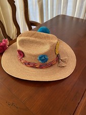 Fabulous COWGIRL HAT Beautifully Enhanced w Colorful Circles-Fuzzy Balls-Hatband