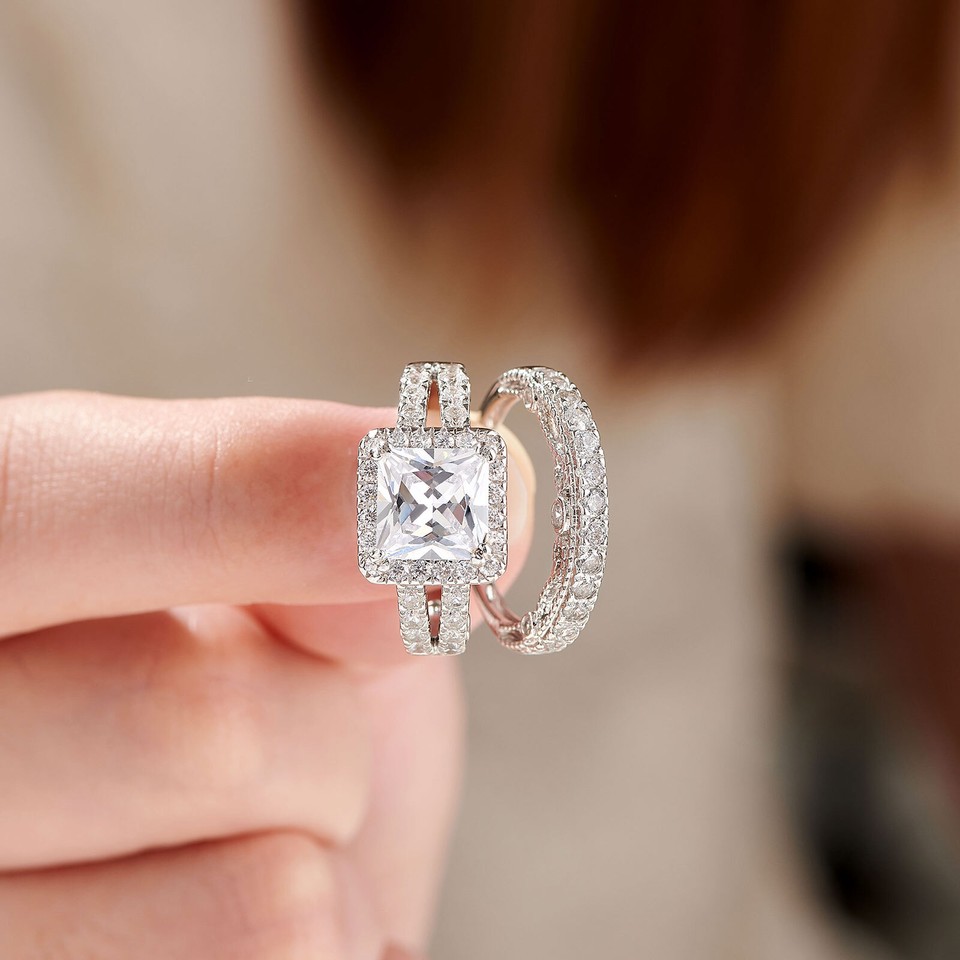 Wuziwen Sterling Silver 925 Women's Engagement Ring Set - 2CT Princess Cut 5A CZ With Accents 4 thumbnail image