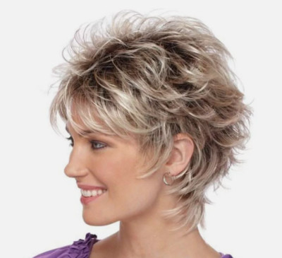Short Fluffy Layered Stright Dark Roots Blonde Mix Synthetic Hair Wigs Women