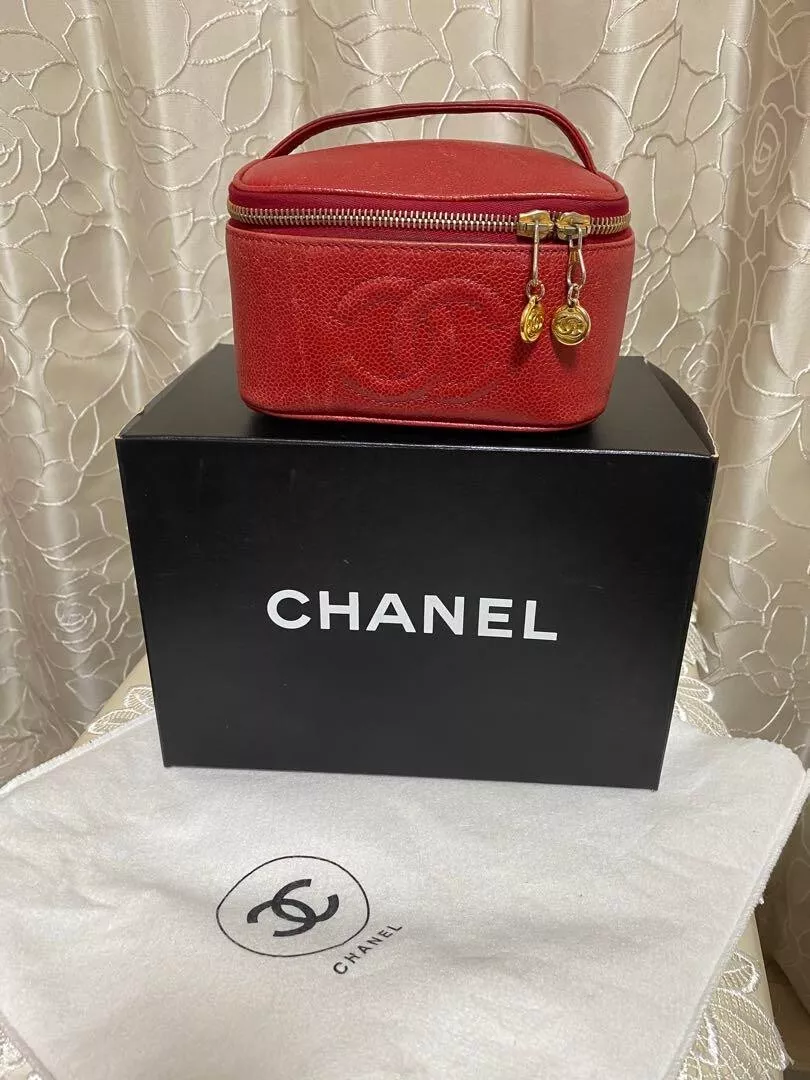 Auth CHANEL caviar skin Coco Mark Vanity Bag Pouch Leather Red