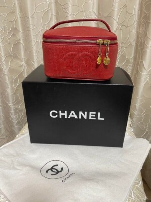 Auth CHANEL caviarskin Coco Mark Vanity Bag Pouch Leather Red Hardware Gold