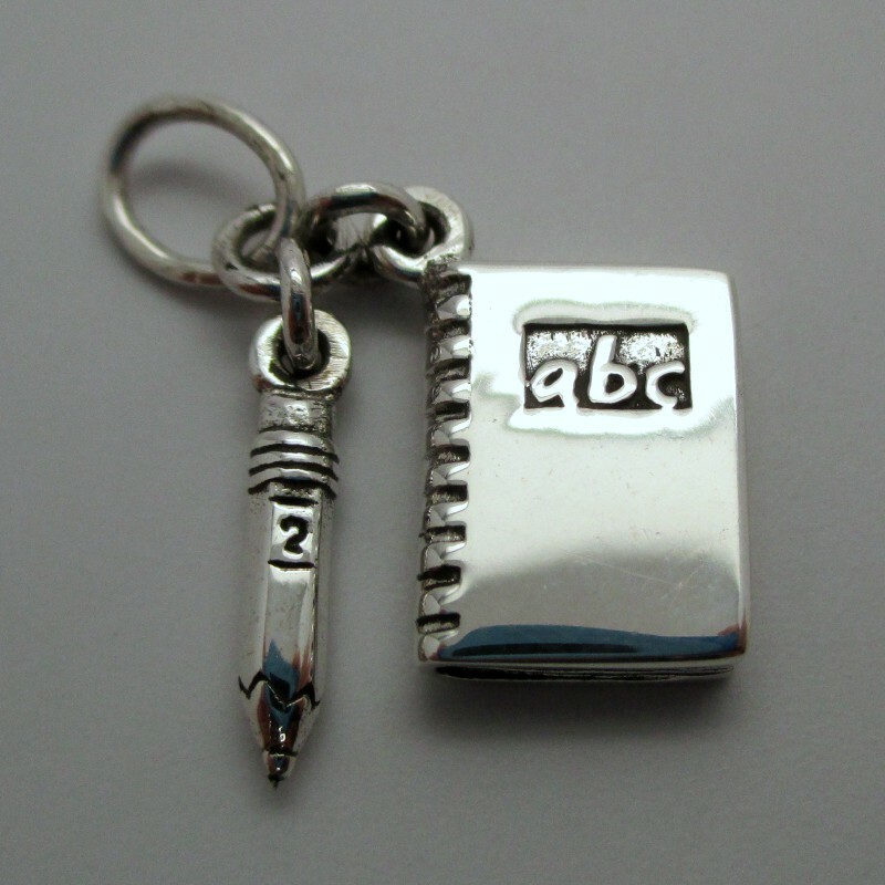 Sterling Silver NOTEBOOK & PENCIL Charm for Bracelet TEACHER Student GIFT New